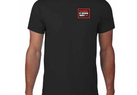 Adult black crew neck t-shirt with "Racism it stops with me" logo on the top left corner
