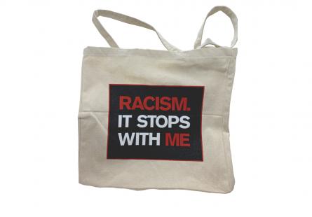 Cotton cream-coloured tote bag with large "Racism It Stops With Me" logo