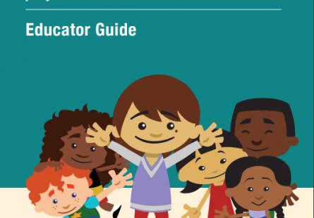 A cartoon image of young children standing together below the words 'Building belonging: a toolkit for early childhood educators on cultural diversity and responding to prejudice. Educator giude'