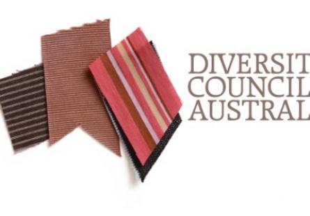 Logo for Diversity Council Australia, depicting three pieces of fabric, with different colours and textures, next to the words 'Diversity Council Australia'