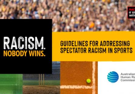 Banner for the Australian Human Rights Commission's Spectator Racism Project, depicting collection of different sporting pitches and a blurred image of a crowd of spectators. Includes the Australian Human Rights Commission logo and the Racism. It Stops With Me logo and the words "Racism. Nobody wins: Guidelines for addressing spectator racism in sports"