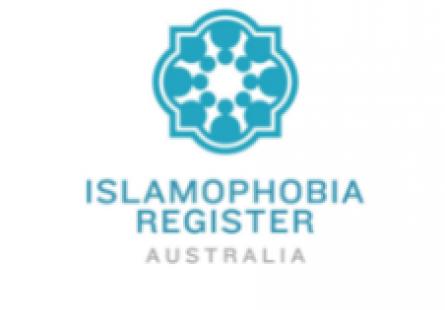Logo for the Islamophobia Register, depicting a teal blue circular shape and the words 'Islamophobia Register Australia'