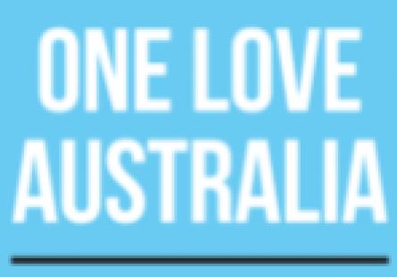 Logo for One Love Australia, depicting the words 'One Love Australia' in white on a blue background