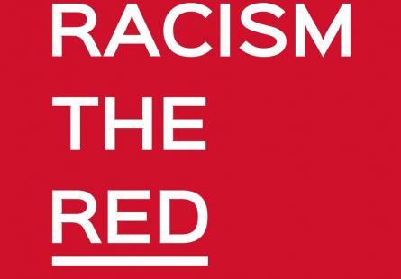 Logo for Show Racism the Red Card, depicting the words 'Show racism the red card' in white on a red background