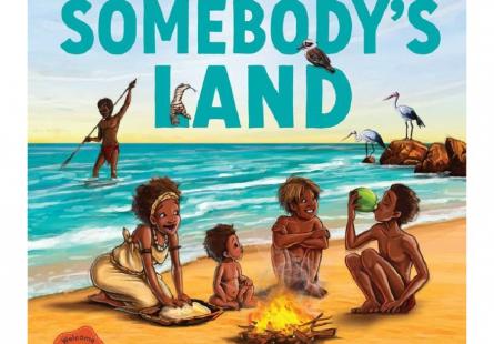 Cover image of the children's book, 'Somebody's Land', depicting a First Nations family sitting on a beach