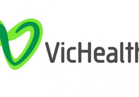 Logo for Vic Health, depicting a green letter 'V' next to the word 'VicHealth'