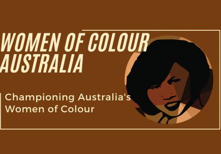 Women of Colour Australia logo, depicting a woman's face and the words 'Women of Colour Australia: Championing Australia's Women of Colour'