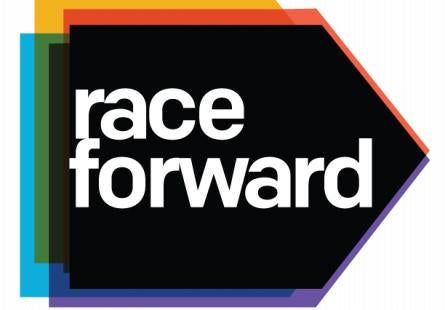 Race Forward logo, depicting the words 'Race Forward' on a black arrow with multicoloured arrows layered behind it