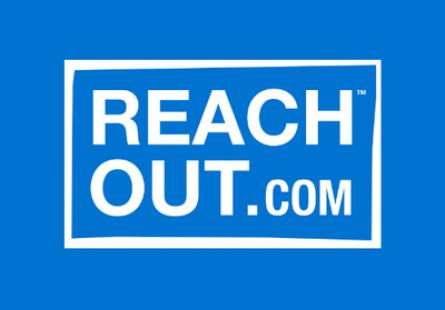 Logo for Reach Out, depicting the words 'Reach Out .com' in white over a blue backgrounud