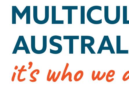 Logo for multicultural Australia, depicting an image of the Australian continent in blue, yellow and red above the words 'Multicultural Australia'