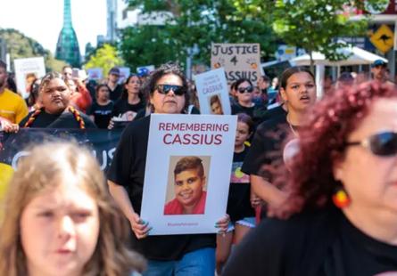 Mechelle Turvey (centre), mother of Cassius Turvey, marches with family, friends and members of the public during a rally in Perth on 2 November, 2022. Photograph: Richard Wainwright/AAP