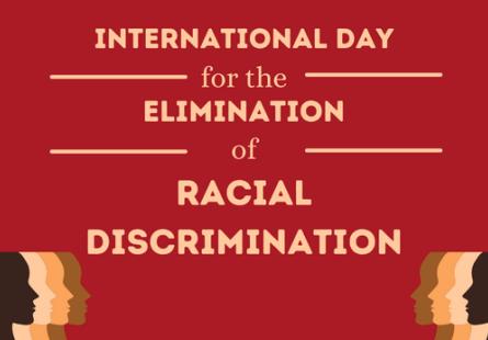 Red Banner with words "International Day for the Elimination of Racial Discrimination" with figures of heads