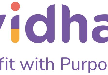 Logo for Vividhata, including the words 'Vividhata: Profit with purpose' in purple font, with the letter 'i' multicoloured when used in the word 'vividhata'..