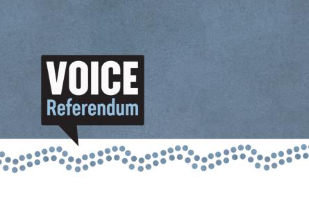 Blue banner, Indigenous dot motif, with 'Voice Referendum' logo