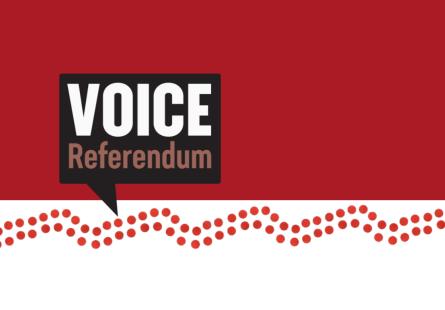 Voice referendum banner with logo, red background, and red Indigenous dot motif