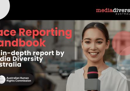 Race Reporting Handbook Cover Image - a young Asian journalist speaking into a mic