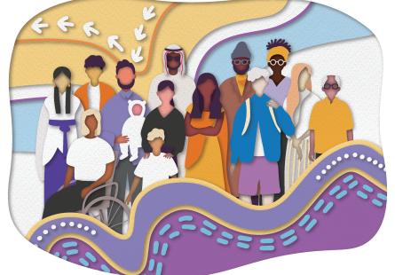 multicultural group of people standing together with a yellow, blue and purple background