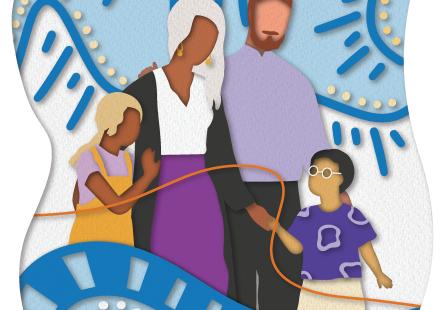 multicultural family of four standing together with a blue and white patterned background