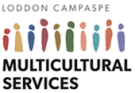 Logo for Loddon Campaspe Multicultural Services, depicting a row of abstract human figures in different colours surrounded by the words 'Loddon Campaspe Multicultural Services'